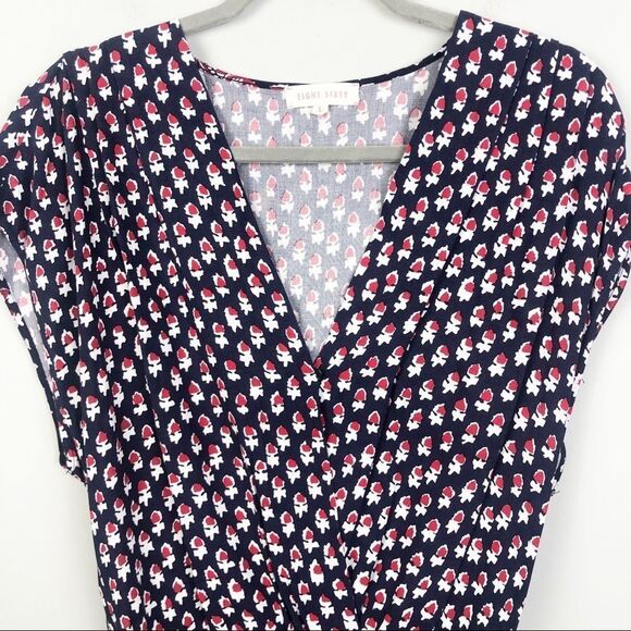 EIGHT SIXTY | Boho Short Sleeve Romper Navy Blue & Red Floral Women’s Size M - Picture 4 of 10